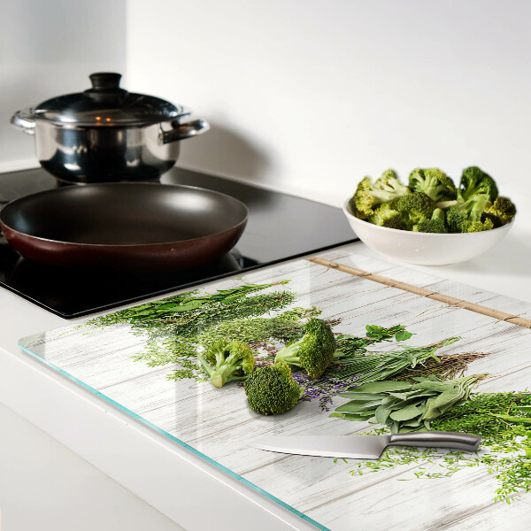 Glas Schneidebrett mit Kräutermotiv auf Holzoptik