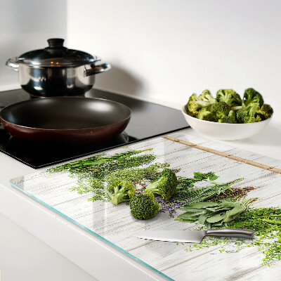 Glas Schneidebrett mit Kräutermotiv auf Holzoptik