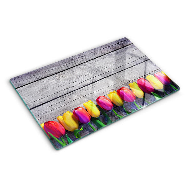 Schneidebrett Glas mit Tulpenmotiv auf Holzgrund