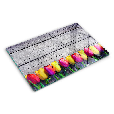 Schneidebrett Glas mit Tulpenmotiv auf Holzgrund