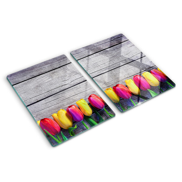 Schneidebrett Glas mit Tulpenmotiv auf Holzgrund