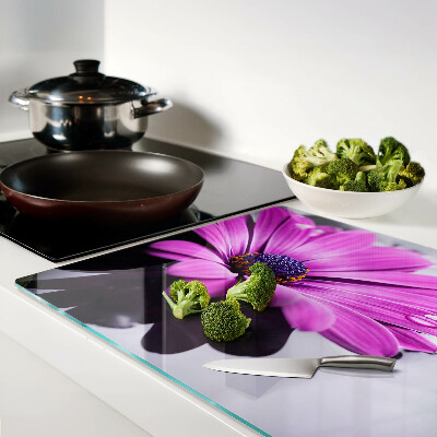 Glas schneidebrett Lila Blume mit Wassertropfen