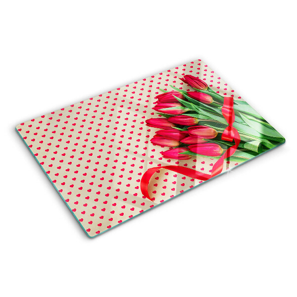 Schneidebrett mit Tulpen, Herzen und Schleifen als Motiv