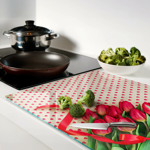 Schneidebrett mit Tulpen, Herzen und Schleifen als Motiv