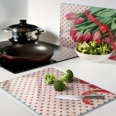 Schneidebrett mit Tulpen, Herzen und Schleifen als Motiv