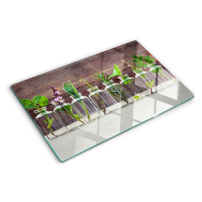 Glas schneidebrett Pflanzen in Flaschen