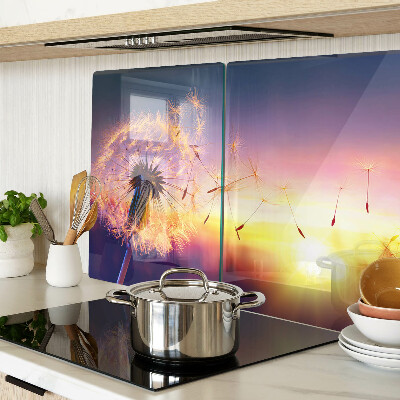 Schneidebrett glas Löwenzahn vor dem Hintergrund des Sonnenuntergangs