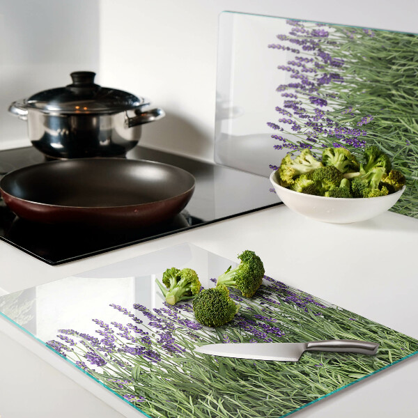 Schneidebrett Glas mit Motiv eines Lavendelfeldes in der Sonne