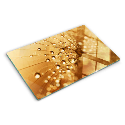Glas schneidebrett mit Motiv von Wassertropfen auf einem Löwenzahn