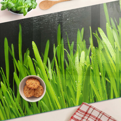 Glas-Schneidebrett mit Motiv grünes Gras und Wassertropfen