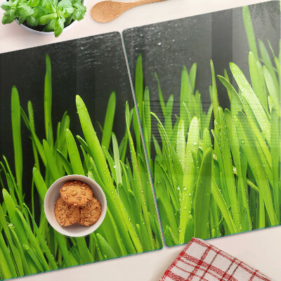 Glas-Schneidebrett mit Motiv grünes Gras und Wassertropfen