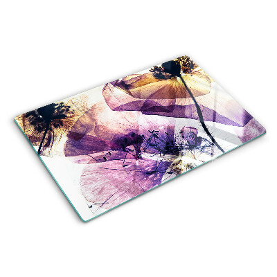 Schneidebrett Glas mit Blumenmotiv in lila und gelben Farbtönen
