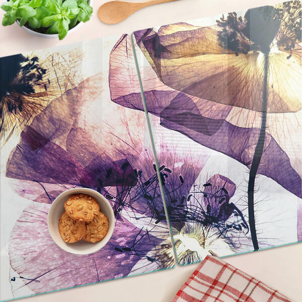 Schneidebrett Glas mit Blumenmotiv in lila und gelben Farbtönen