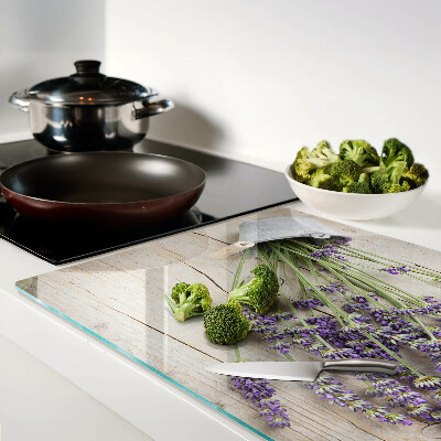 Glas-Schneidebrett mit Motiv Lavendel im Topf auf Holzgrund