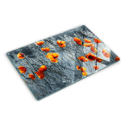 Schneidebrett Glas mit Motiv einer Mohnblumenlandschaft in Grautönen