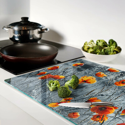 Schneidebrett Glas mit Motiv einer Mohnblumenlandschaft in Grautönen