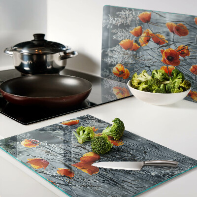 Schneidebrett Glas mit Motiv einer Mohnblumenlandschaft in Grautönen