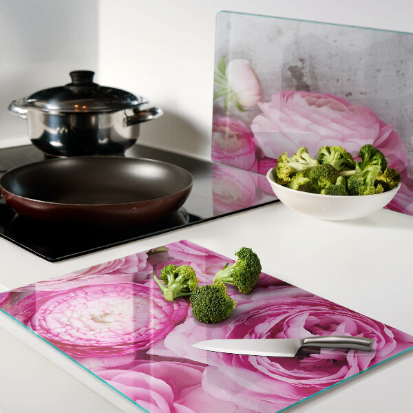 Glas-Schneidebrett mit rosafarbenem Blumenstrauß-Motiv