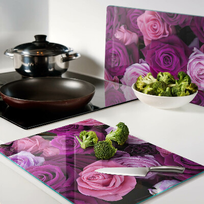 Glas-Schneidebrett mit Rosenmotiv in Rosatönen
