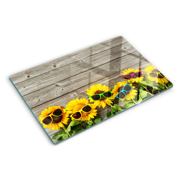 Glas-Schneidebrett mit Sonnenblumenmotiv und Sonnenbrillen-Design