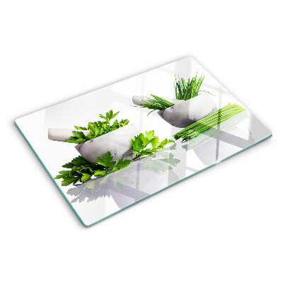 Schneidebrett Glas mit Kräutertopf-Motiv