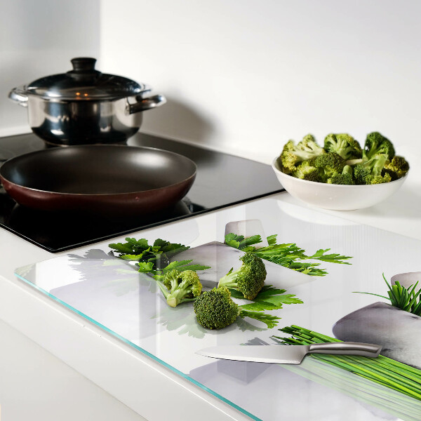 Schneidebrett glas Kräuter in Töpfen