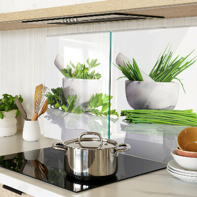 Schneidebrett glas Kräuter in Töpfen