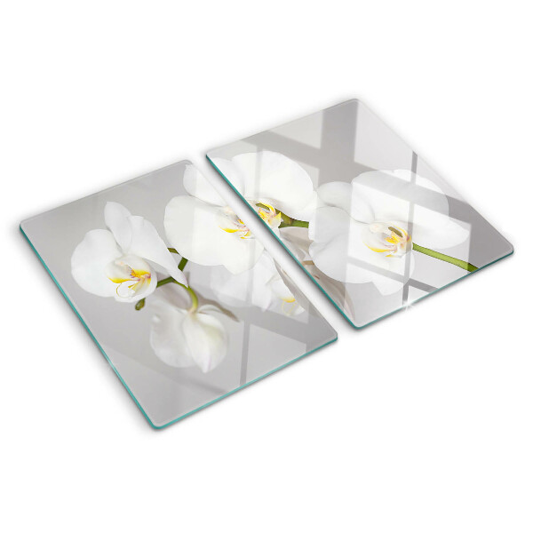 Schneidebrett mit Orchideen vor spiegelndem Hintergrund