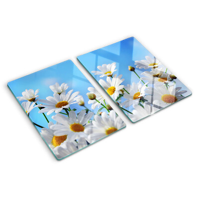 Schneidebrett Glas mit Gänseblümchen-Motiv auf blauem Hintergrund