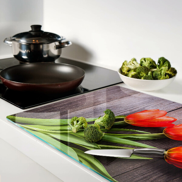 Schneidebrett Glas mit Tulpenmotiv auf Holzoptik