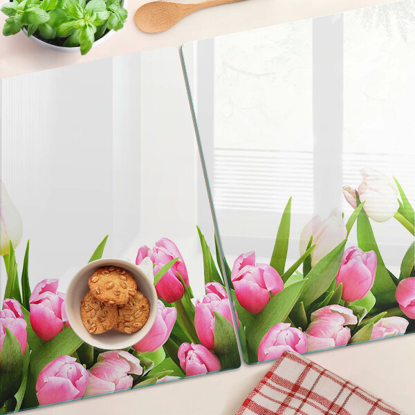 Glas-Schneidebrett mit Tulpenmotiv in Pastellfarben