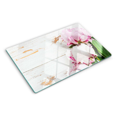 Glas-Schneidebrett mit Pfingstrosen auf Holzoptik