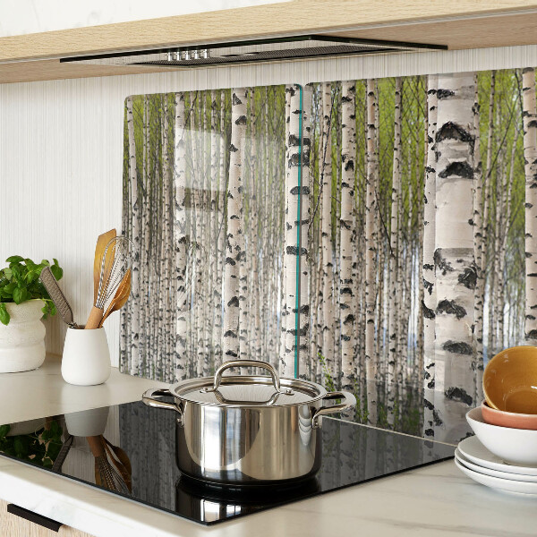 Glas-Schneidebrett mit Motiv weiße Birken im Wald