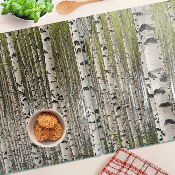 Glas-Schneidebrett mit Motiv weiße Birken im Wald