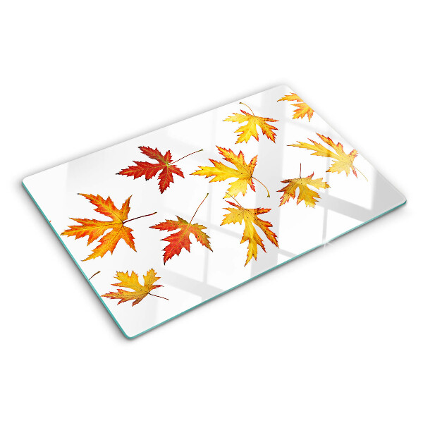 Schneidebrett Glas mit Ahornblättern in Herbstfarben