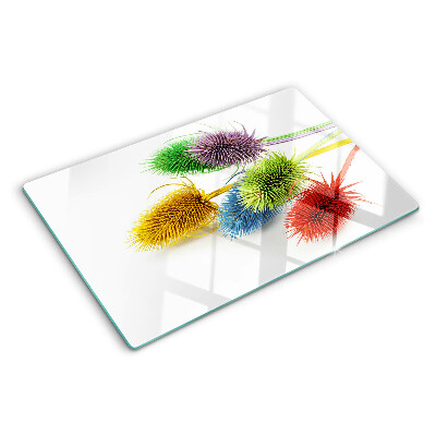 Glas-Schneidebrett mit farbenfrohen, dreidimensionalen Blumen