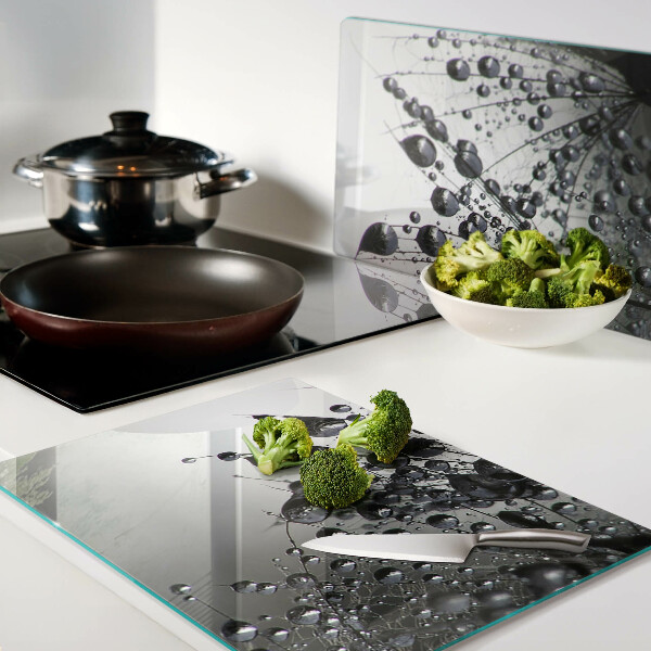 Schneidebrett Glas mit Motiv von Wassertropfen auf Pflanzen