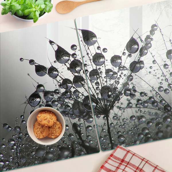 Schneidebrett Glas mit Motiv von Wassertropfen auf Pflanzen