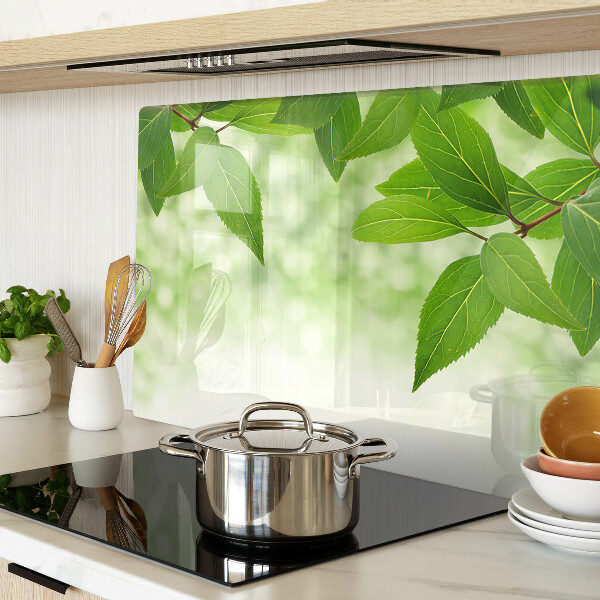 Glas-Schneidebrett mit Blattmotiv vor verschwommenem grünen Hintergrund