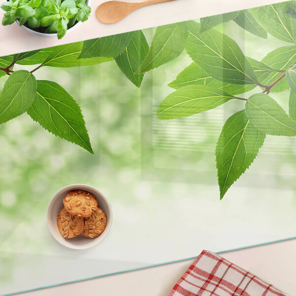 Glas-Schneidebrett mit Blattmotiv vor verschwommenem grünen Hintergrund