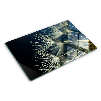 Schneidebrett mit Löwenzahn-Motiv und Wassertropfen