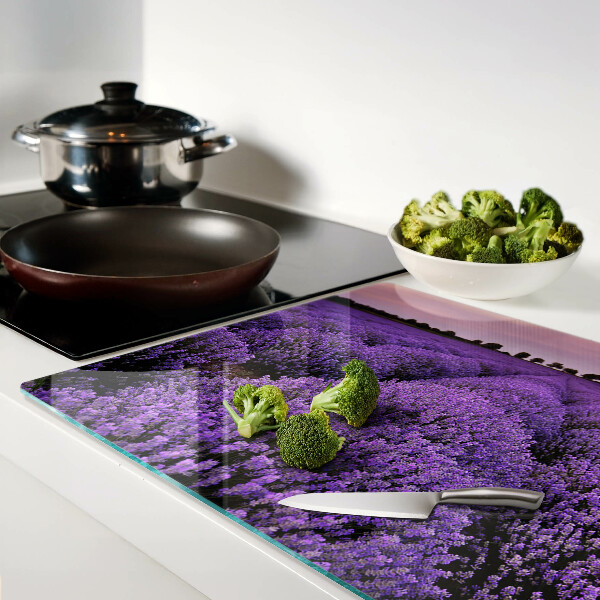 Glas-Schneidebrett mit Motiv eines blühenden Lavendelfelds