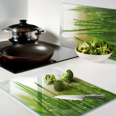 Schneidebrett Glas mit Grasmotiv und Wassertropfen