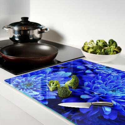 Schneidebrett Glas mit blauem Chrysanthemenblüten‑Motiv