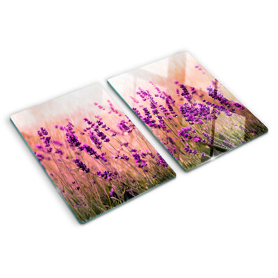 Glas-Schneidebrett mit Motiv eines Lavendelfelds im Sonnenschein