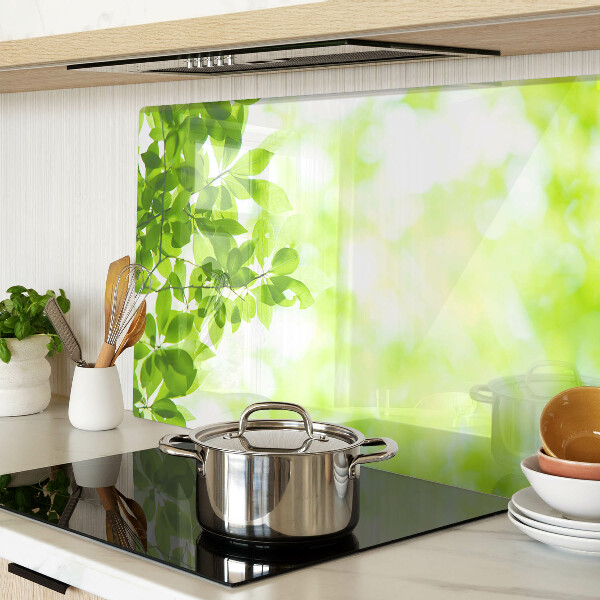 Glas-Schneidebrett mit Motiv grüner Blätter im Licht