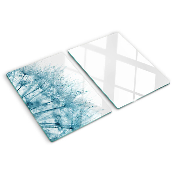 Schneidebrett mit Löwenzahn-Motiv und Wassertropfen