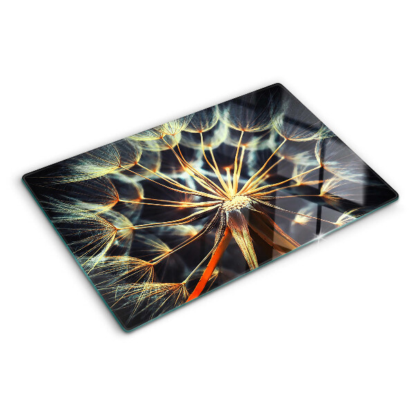 Glas-Schneidebrett mit Motiv einer Löwenzahn-Makrofotografie
