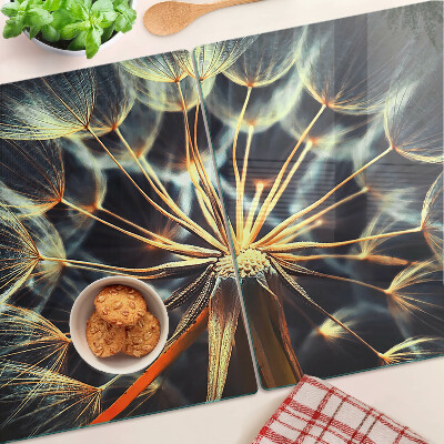 Glas-Schneidebrett mit Motiv einer Löwenzahn-Makrofotografie
