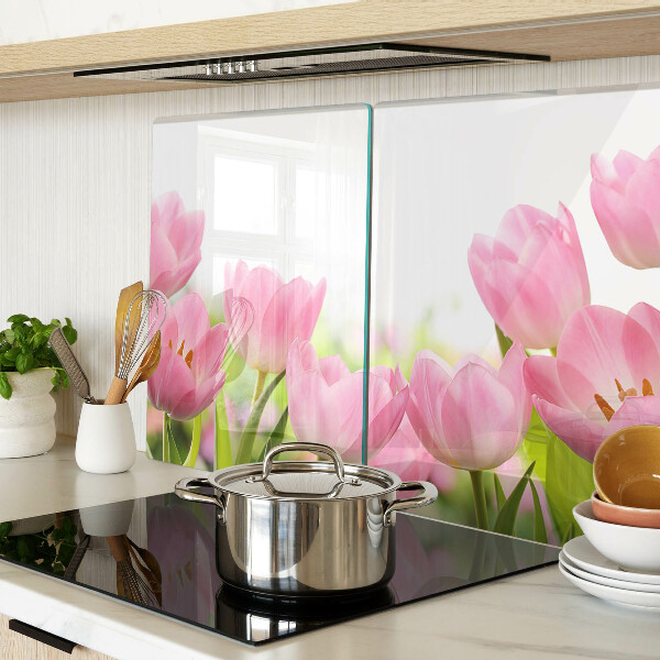 Schneidebrett mit Motiv rosa Tulpen im Garten